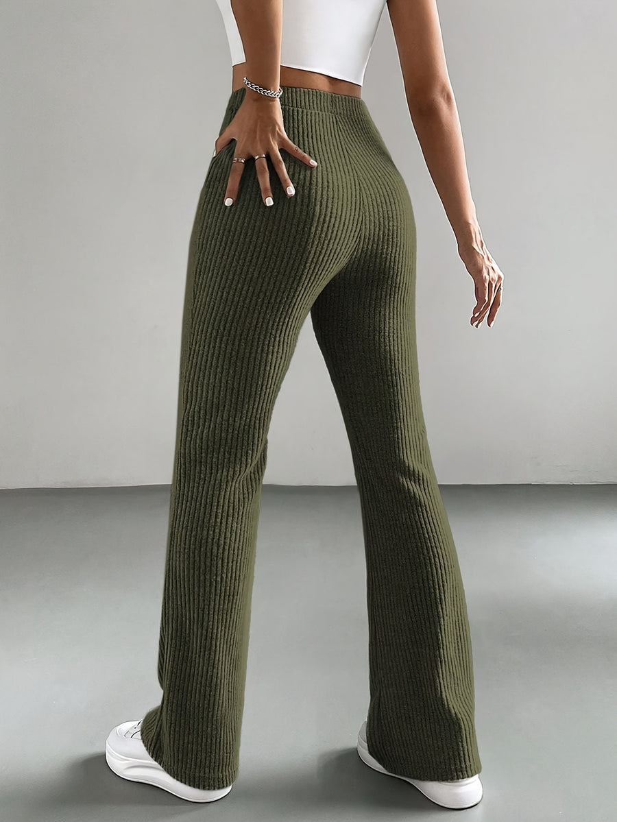 High-Waisted, Elastic Waist Straight-Leg Pants in Light with Small Ribbed Texture And a Slight Flare - Olive Green