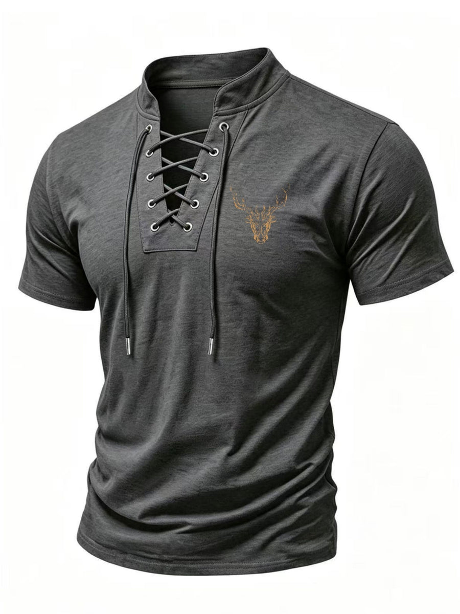 Men'S Henley Collar Cross-Strap Short Sleeve T-Shirt, Subtle Golden Stag Head Print, Delicate Skin-Friendly Fabric, Comfortable And Breathable Non-Tight Fit, Sophisticated Detail for Mature Style, Farewell to Dullness And Enhanced Premium Look - Dark Gray