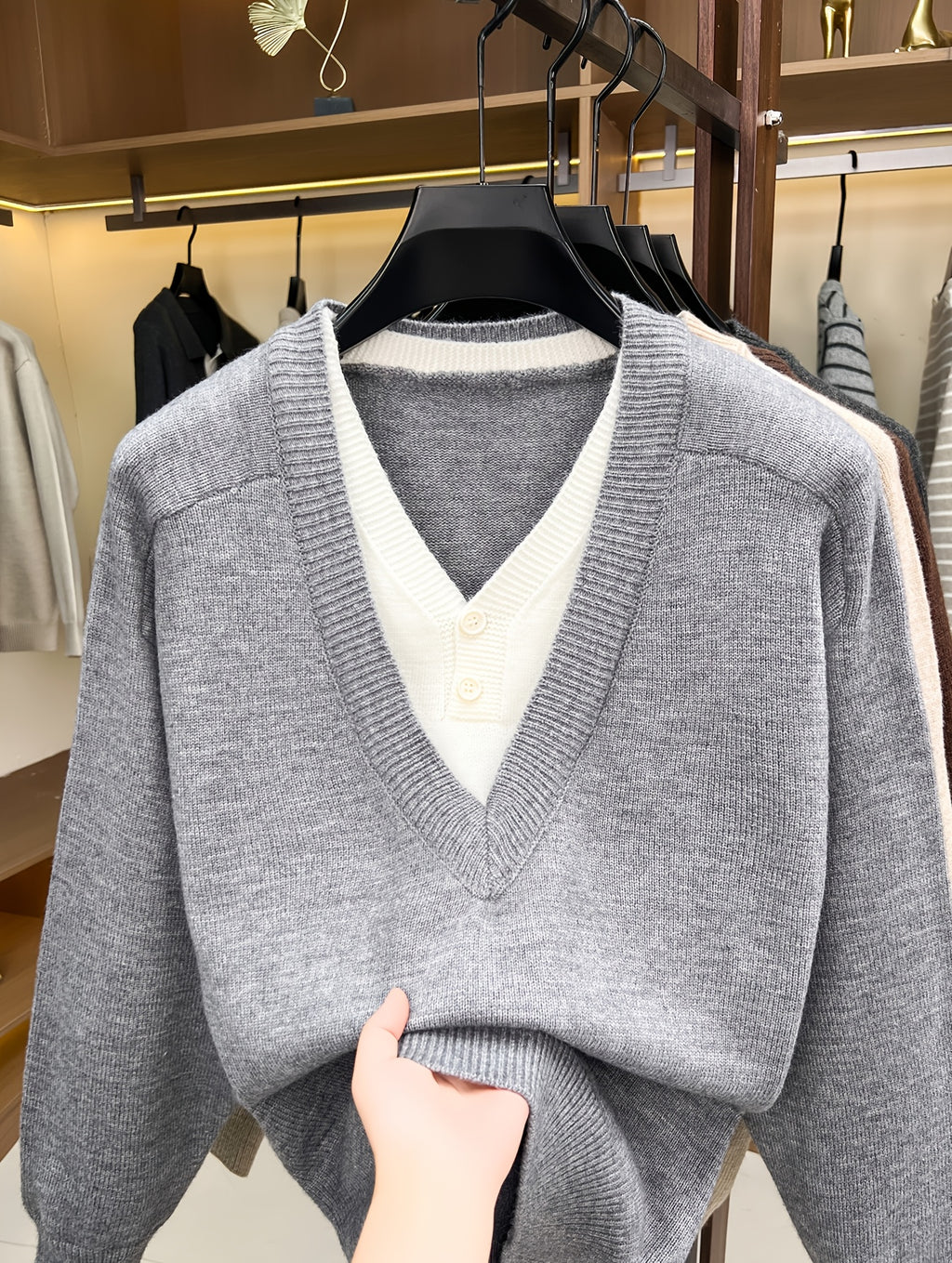 Autumn Winter New Faux Two-Piece Knit Sweater Retro Color-Block V-Neck Sweater Loose Double-Button Long Sleeve Pullover Business Casual All-Match Warm Base Layer Top Men'S Clothing - 【Light Grey】