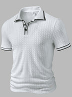 Men'S Fashion Top, Spring Summer Outdoor Casual Textured Jacquard Breathable Fabric, Contrast Color Lapel Single Button Short Sleeve Men'S Polo Shirt - White
