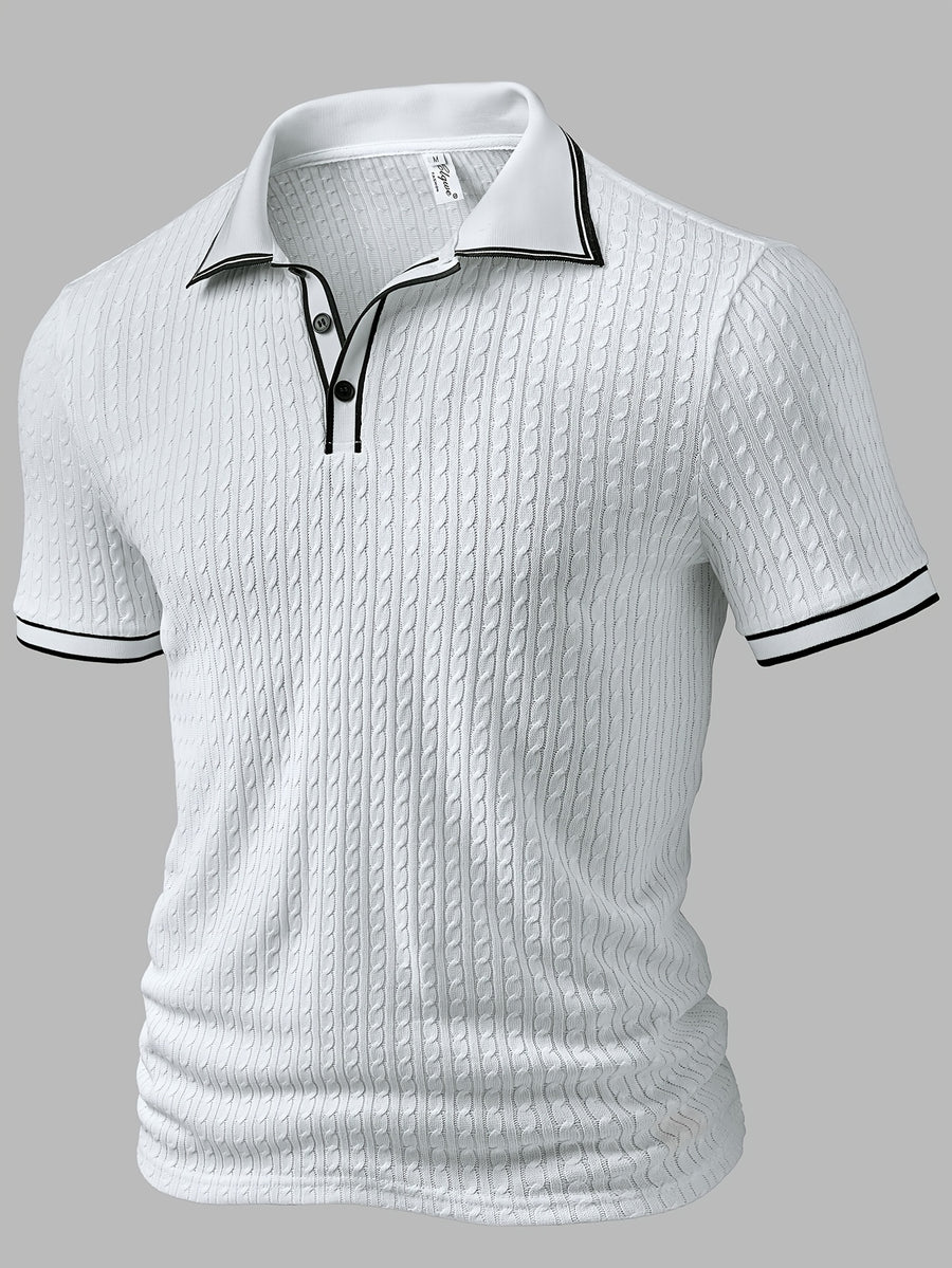 Men'S Fashion Top, Spring Summer Outdoor Casual Textured Jacquard Breathable Fabric, Contrast Color Lapel Single Button Short Sleeve Men'S Polo Shirt - White