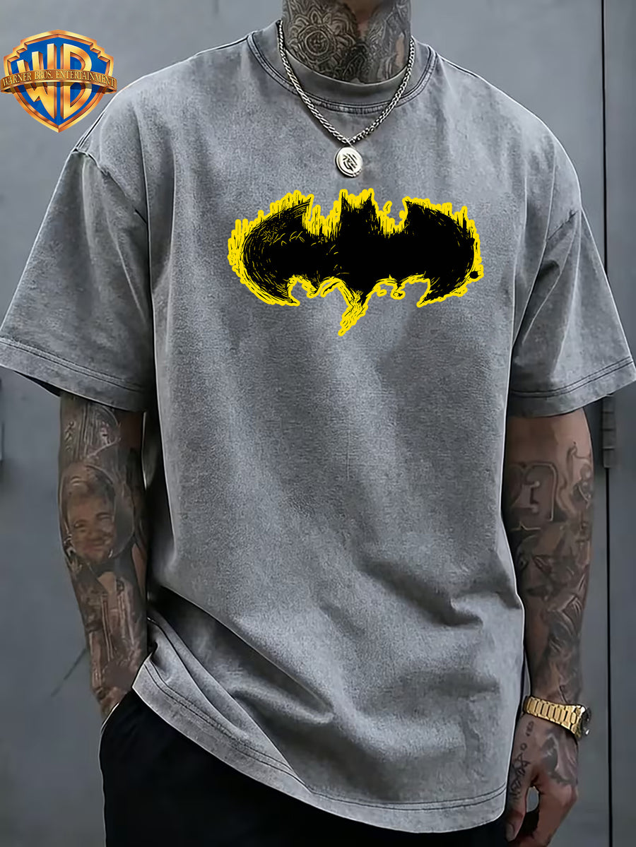 Men'S Washed Short Sleeve T-Shirt, Classic Batman Print on Back, Bold Bat Symbol on Chest, Retro Comic Style Design, Premium Fabric Soft And Breathable, Suitable for Casual Wear, Essential for Trendy Street Style - Grey
