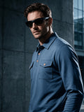 2026 New Men'S Long Sleeve Cargo Polo Sweatshirt, Double Pocket Lapel Design, Autumn Casual Commuter Pullover Top, Christmas Thanksgiving Gift for Boyfriend Husband - Dark Blue 1
