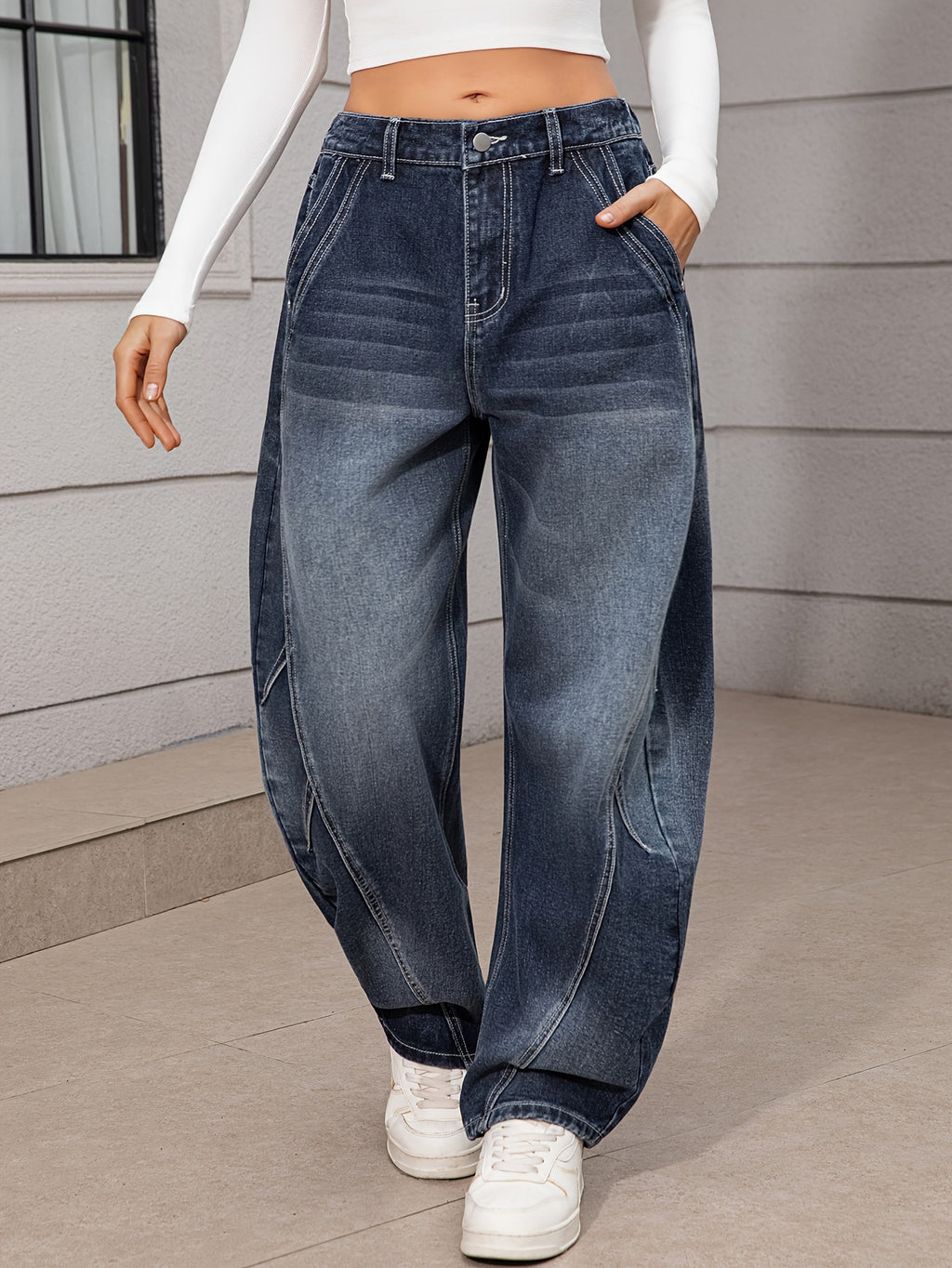 Women'S Fashion Trendy Non-Stretch Semi-Elastic Denim Loose Cuffed Long Pants, Women'S Easy Cuffed Dark Blue Long Trousers - Deep Blue