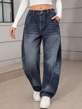 Women'S Fashion Trendy Non-Stretch Semi-Elastic Denim Loose Cuffed Long Pants, Women'S Easy Cuffed Dark Blue Long Trousers - Deep Blue