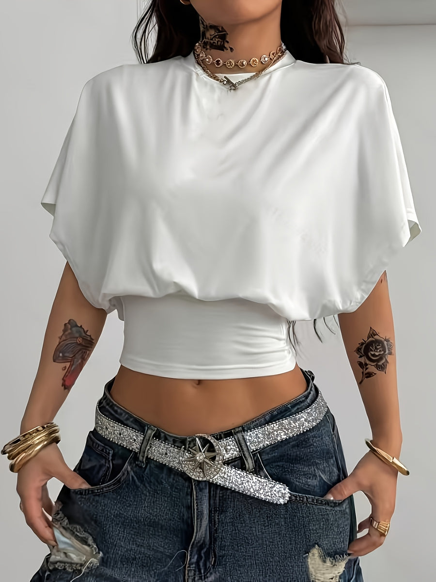 Women'S Spring/Summer Elegant Slim Batwing Sleeve Short Top Basic Style - White