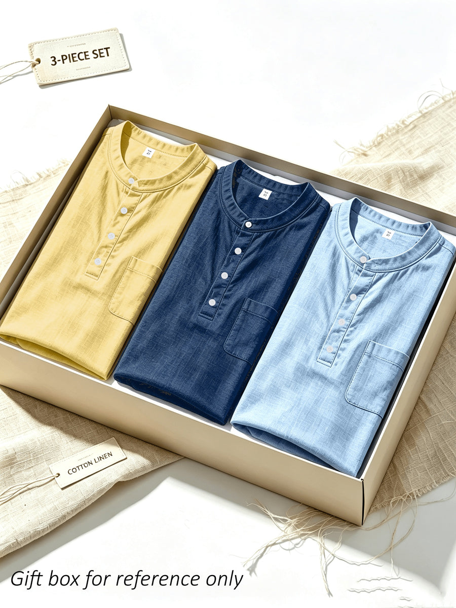 Men's Henry Collar Short Sleeve Three-pc Stand Collar Half-Button Casual Top with Pockets, Solid Color Versatile Top - Yellow + Navy Blue + Sky Blue