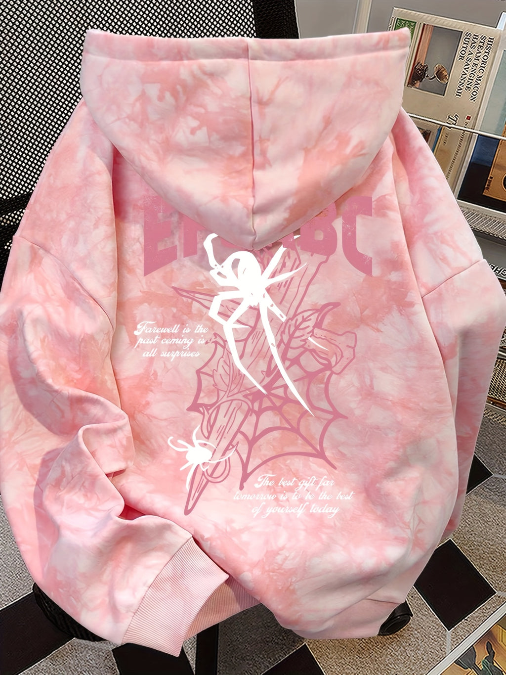 American Style Trendy Spider Web Letter Print Long Sleeve Hooded Fleece Sweatshirt with Tie-Dye Design, Women'S Loose And Fashionable Hoodie Top - Pink Color