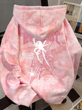 American Style Trendy Spider Web Letter Print Long Sleeve Hooded Fleece Sweatshirt with Tie-Dye Design, Women'S Loose And Fashionable Hoodie Top - Pink Color