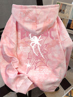 American Style Trendy Spider Web Letter Print Long Sleeve Hooded Fleece Sweatshirt with Tie-Dye Design, Women'S Loose And Fashionable Hoodie Top - Pink Color