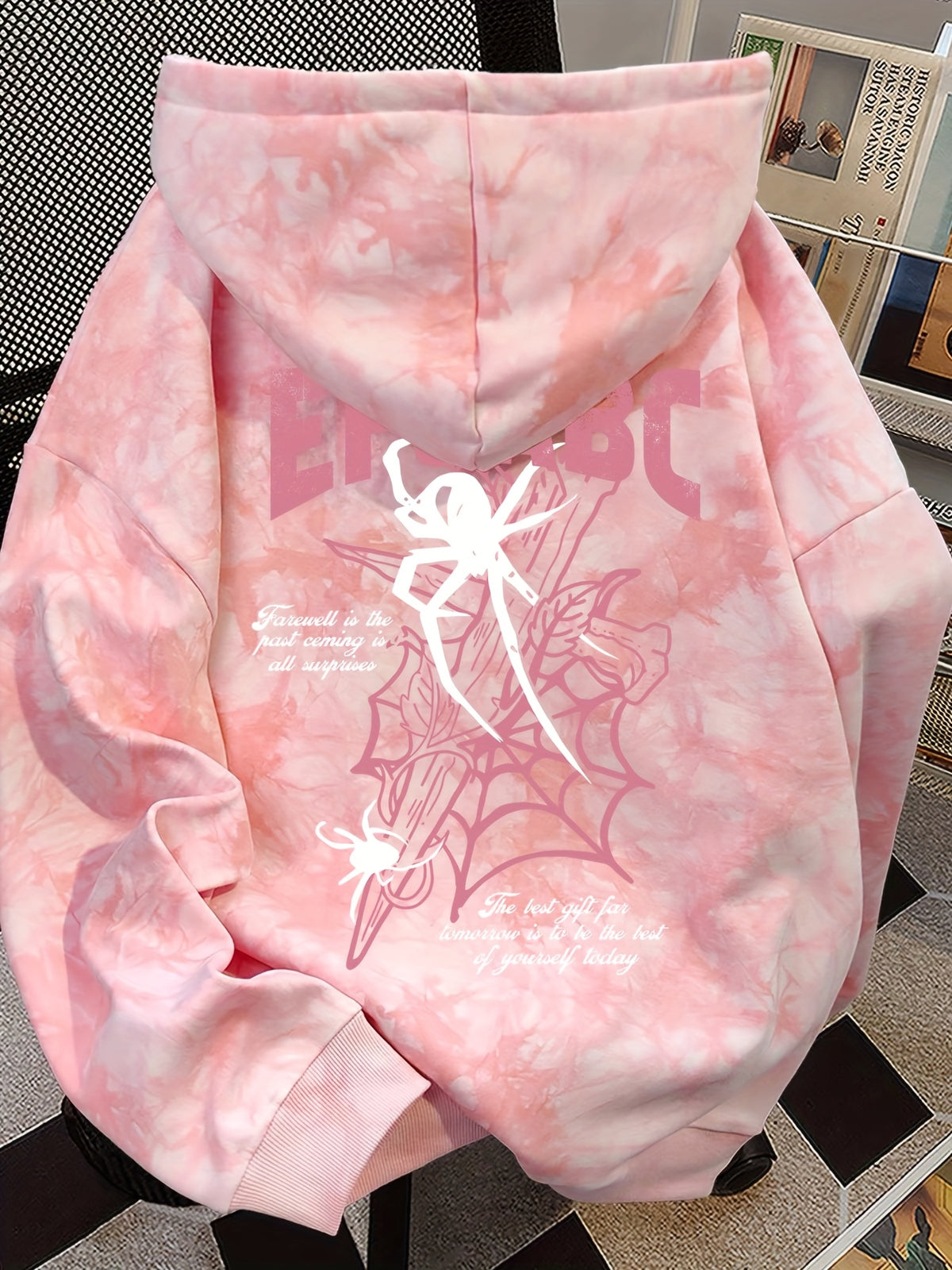 American Style Trendy Spider Web Letter Print Long Sleeve Hooded Fleece Sweatshirt with Tie-Dye Design, Women'S Loose And Fashionable Hoodie Top - Pink Color
