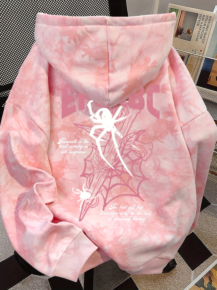 American Style Trendy Spider Web Letter Print Long Sleeve Hooded Fleece Sweatshirt with Tie-Dye Design, Women'S Loose And Fashionable Hoodie Top - Pink Color