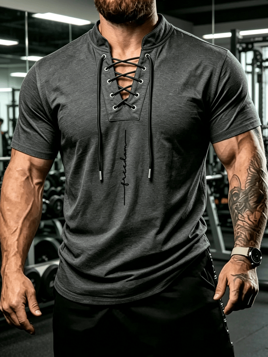 Summer Men'S Fashion Lace-Up Henley Short Sleeve Print T-Shirt, Mandarin Collar Top, Fitness Workout Training Short Sleeve - Dark Gray