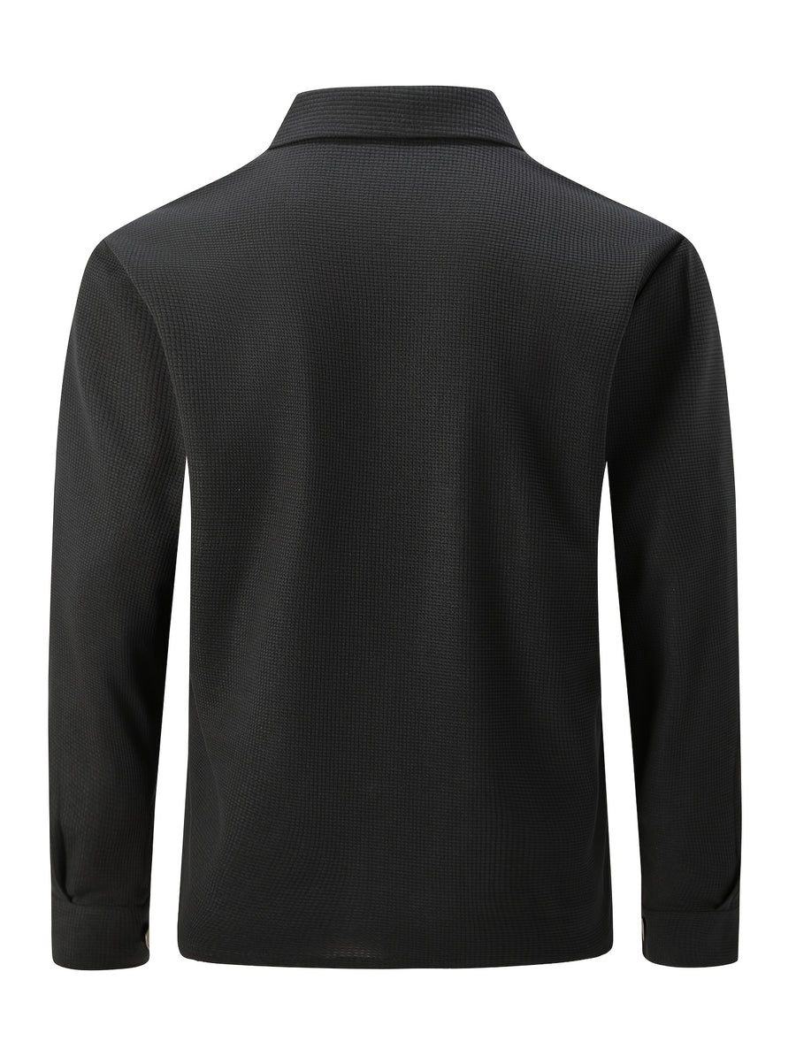Men'S New Fall Winter Waffle Knit Shirt Jacket with Lapel, Multi-Pocket Button-Front Cargo Jacket - Black