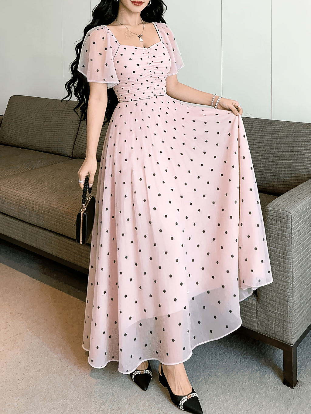 Elegant Pink Polka Dot Print Fashionable Square Neck Short-Sleeved Design Women'S Easy Long Dress, Summer Waist-Cinching Elegant Long Skirt, Suitable for Summer Vacation And Daily Wear Women'S Clothing - Pink