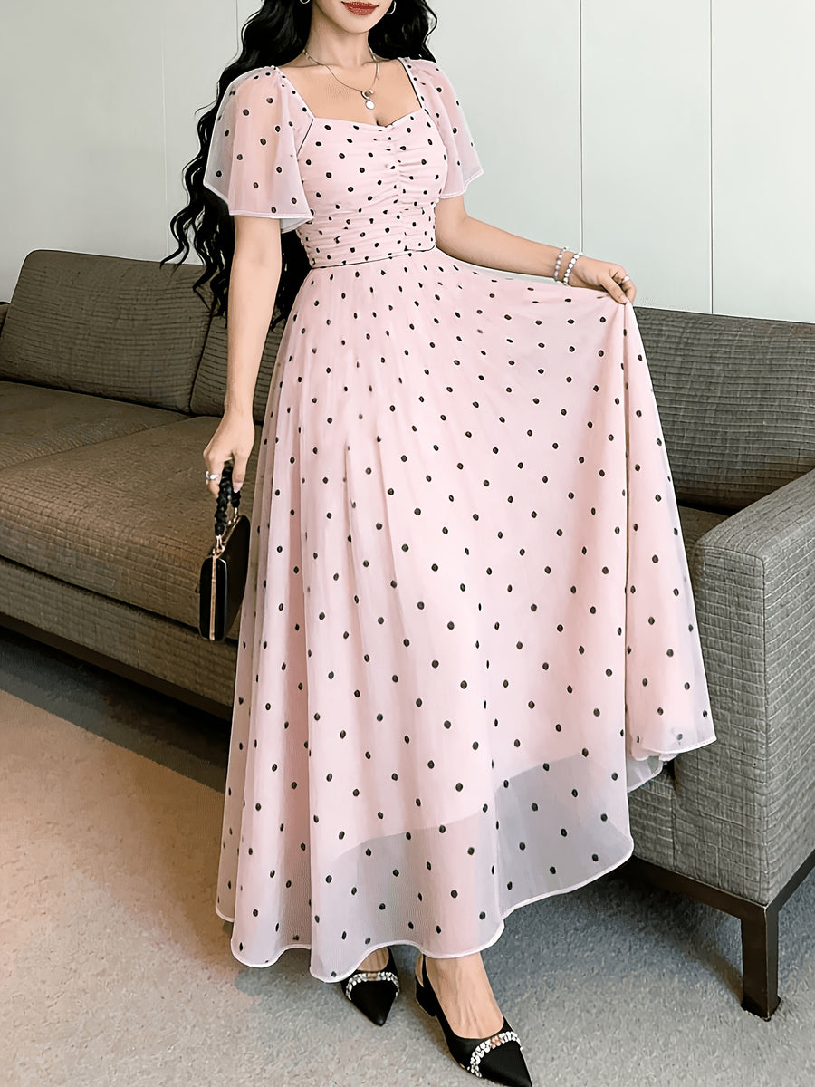 Elegant Pink Polka Dot Print Fashionable Square Neck Short-Sleeved Design Women'S Easy Long Dress, Summer Waist-Cinching Elegant Long Skirt, Suitable for Summer Vacation And Daily Wear Women'S Clothing - Pink