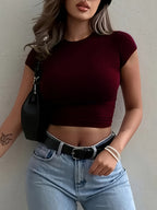 Women'S Fitted Stretch T-Shirt - Casual Basic Top, Comfortable Elastic Fit, All-Season Casual And Formal Wear - Machine Washable. Essential Daily T-Shirt, Versatile Clothing, Fashionable Design, Comfortable Wear, Office Attire, Easy Style - Brick Red