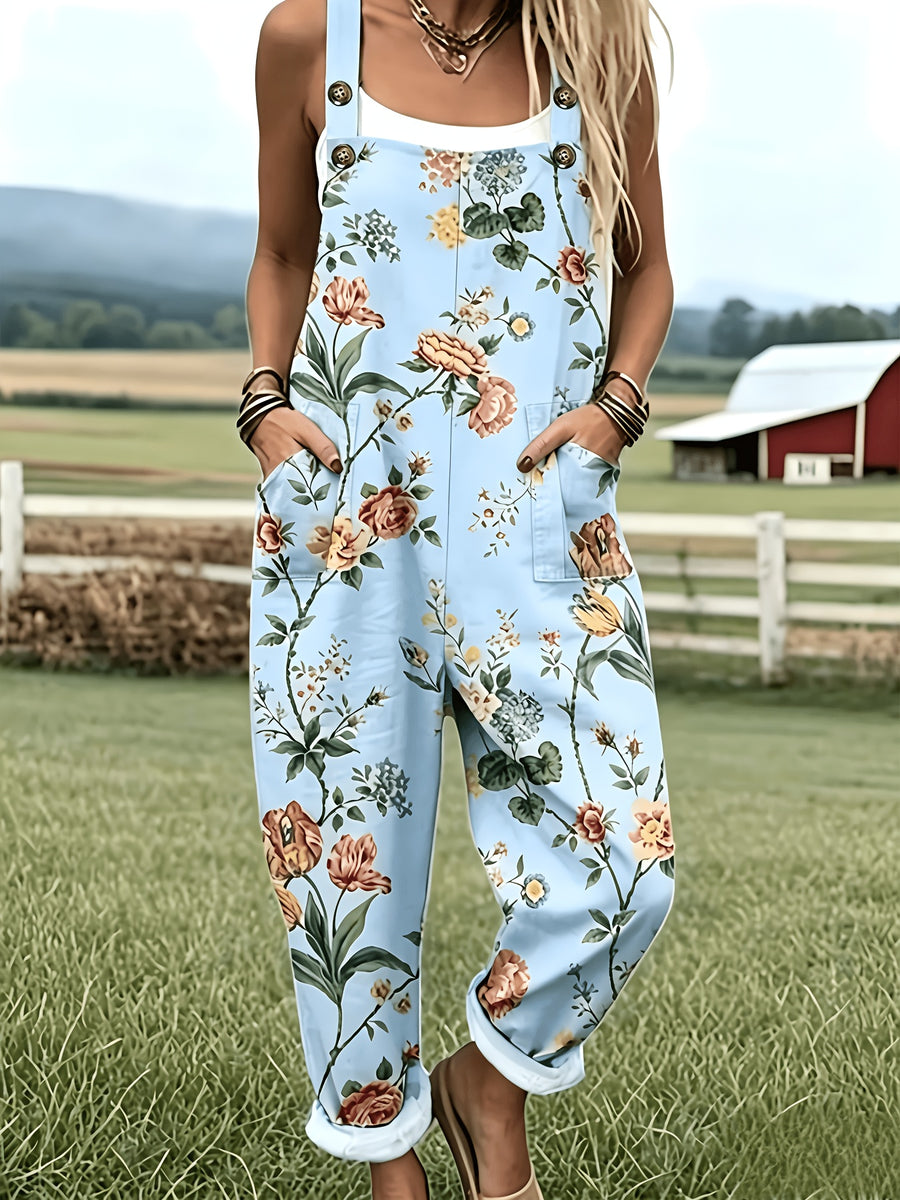 Women'S Fashion Design Versatile Overalls with Button Adjustable Straps - Cartoon Cute Floral Print A87 - Blue