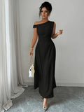 Summer Women's Black Asymmetrical One Shoulder Ruched Waist Maxi Dress, A-Line Flowy Elegant Dress for Wedding Guest, Party & Evening Wear - Black