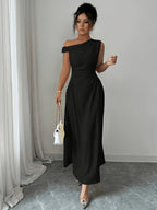 Summer Women's Black Asymmetrical One Shoulder Ruched Waist Maxi Dress, A-Line Flowy Elegant Dress for Wedding Guest, Party & Evening Wear - Black