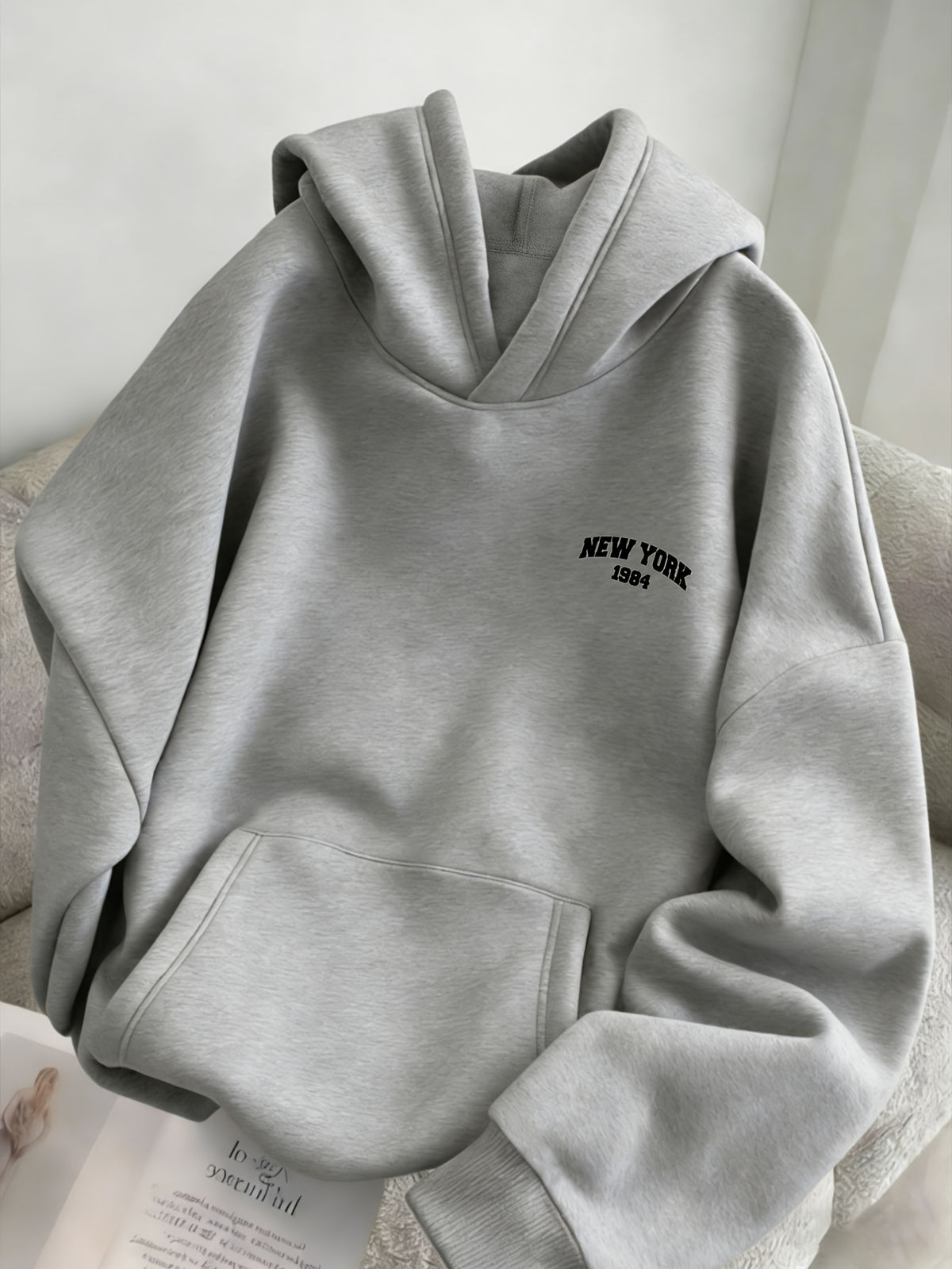 1pc Fashionable Women'S Spring Autumn Fleece Oversized Hooded Sweatshirt - Korean Niche Easy Age-Reducing Versatile Casual Trendy Preppy Style Letter Pattern Printed Top - Light Grey