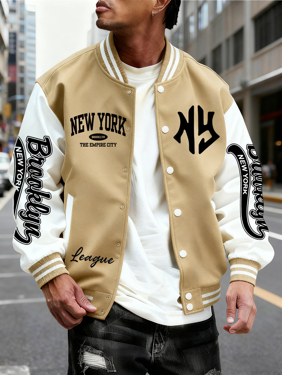Men's Trendy Baseball Jacket with New York Style NY Letter Graphic Design - Contrast Sleeve Color Block Style - Button Closure with Stretchable Fabric, Versatile and Comfortable Jacket for All Seasons - Suitable for Outdoor Travel, Sports, and Friend - Khaki