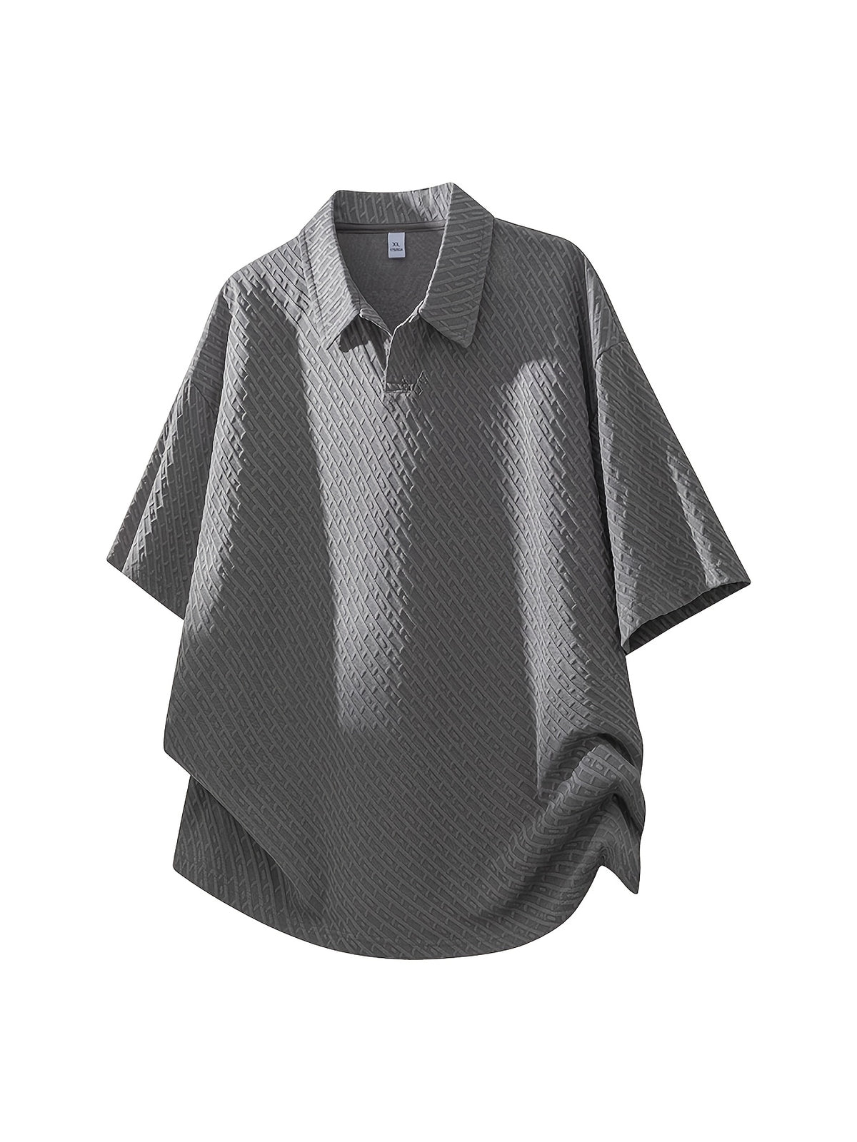 Men's Summer Fiber Fabric Lapel Short-Sleeve Polo T-Shirt, Streetwear Brand Diamond Check Casual Top - Grey