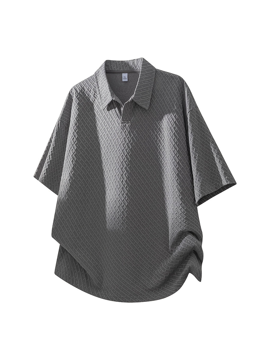 Men's Summer Fiber Fabric Lapel Short-Sleeve Polo T-Shirt, Streetwear Brand Diamond Check Casual Top - Grey