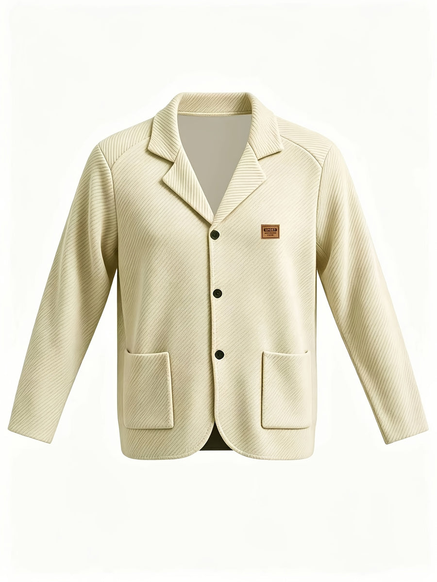 Men'S Spring Autumn New Pinstripe Textured Fabric Blazer Collar Cardigan Single Button Double Pocket Business Casual All-Match Long Sleeve Jacket, Knit Soft Comfortable Fashion Solid Color Outerwear Suitable for Daily Outings, Dates, Holidays - Khaki