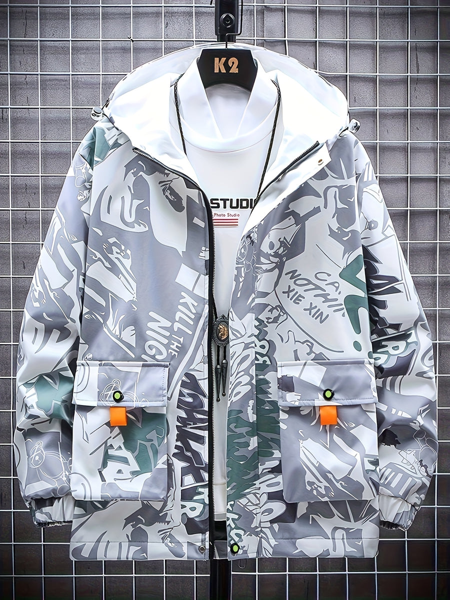 Spring And Autumn Men's Fashion Graffiti Mid Length Windbreaker Popular Hooded And Handsome Men's Jacket Popular Versatile Men's And Women's Same Windbreaker Jacket - Slate Grey