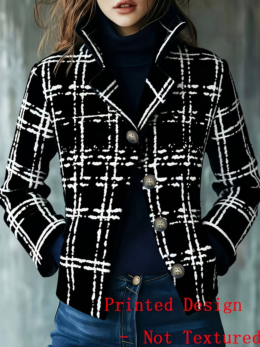 Women'S Fashion Hot Style Casual Jacket with Buttons And Plaid Pattern - Black