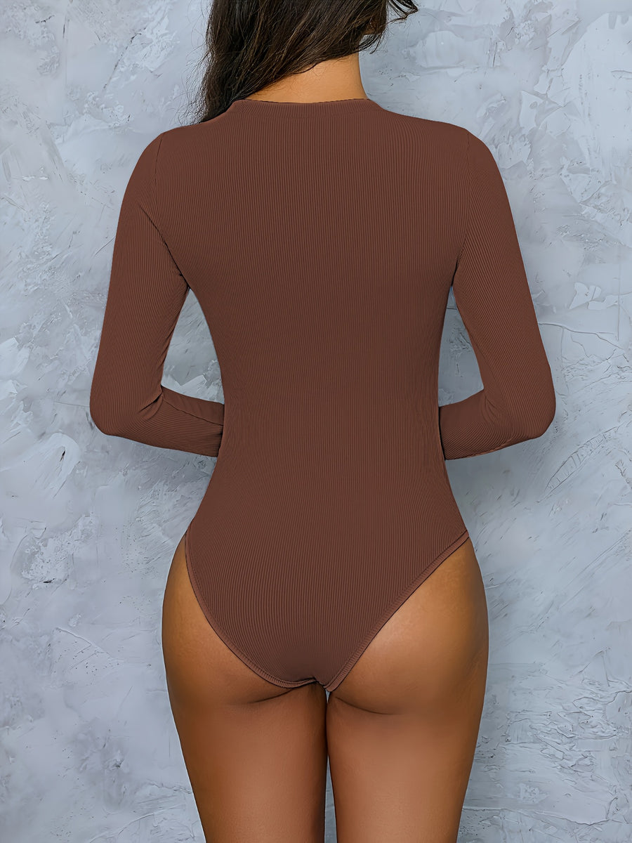 Basic Ribbed Bodysuit with Long Sleeves, Round Neck, Form-Fitting Design, Suitable for Wearing As a Versatile Layering Top - Coffee Color