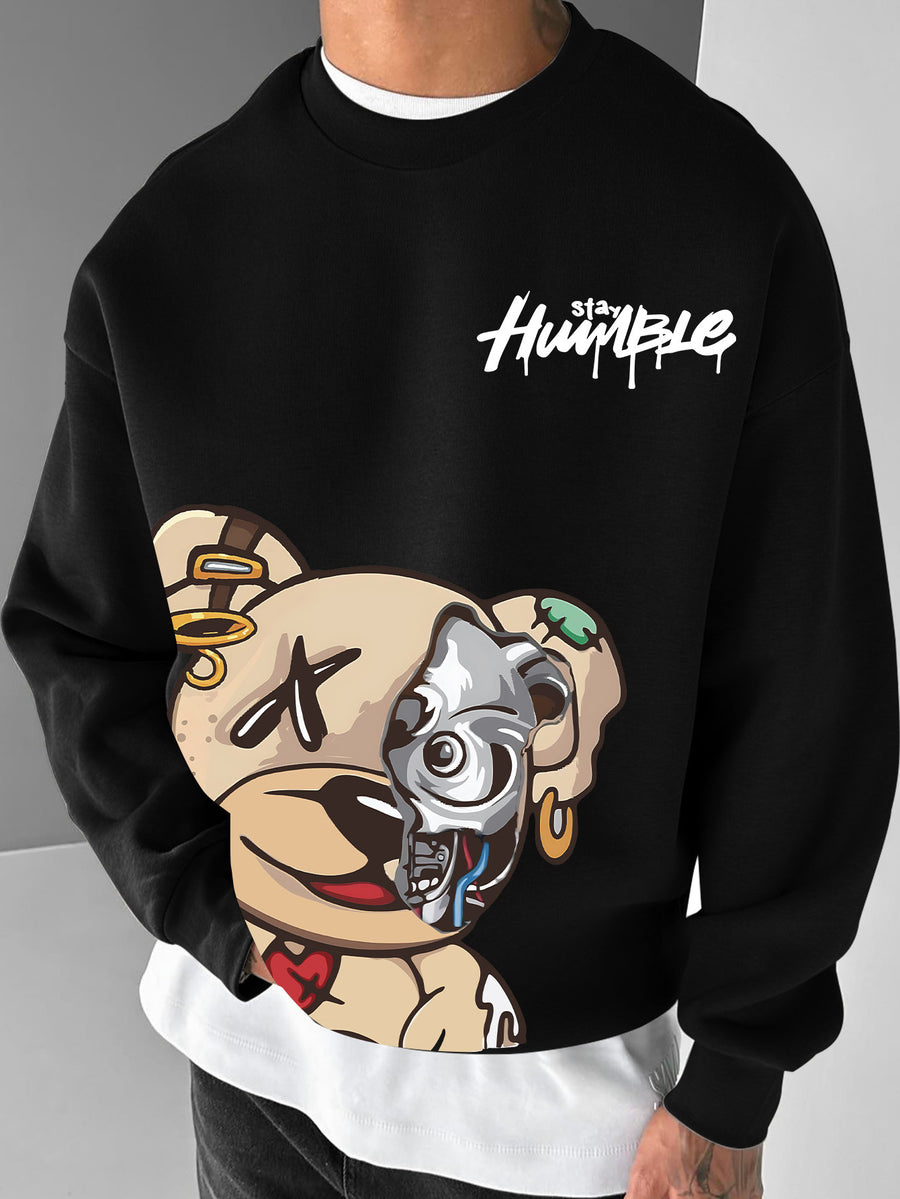 A Men's Crewneck Sweatshirt with a Streetwear-style Creative Patch Featuring a Small Bear Print - Black