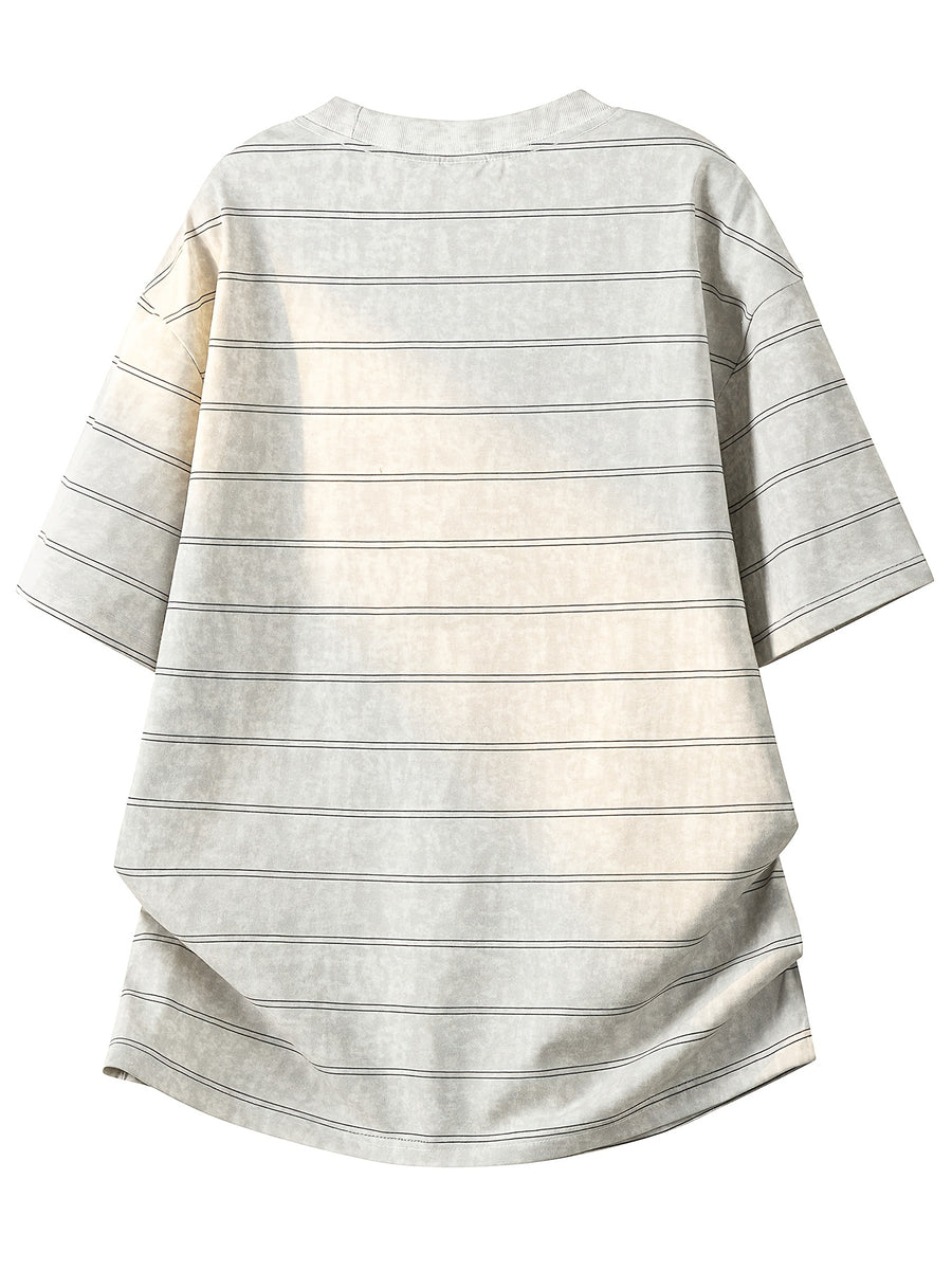 Summer Men'S Striped Short Sleeve Shirt, Casual Retro Style Daily Top - Grey White