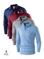 4pcs Set of New Men'S Thin Long-Sleeve Polo Shirts, 100% Fiber Fabric, Multi-Color Available, Classic Color-Block Design, Versatile And Fashionable, Men'S Golf Shirt, Polo Shirt, Polo Collar, T-Shirt, Sportswear, Knit - Blue+Red+Blue+Gray