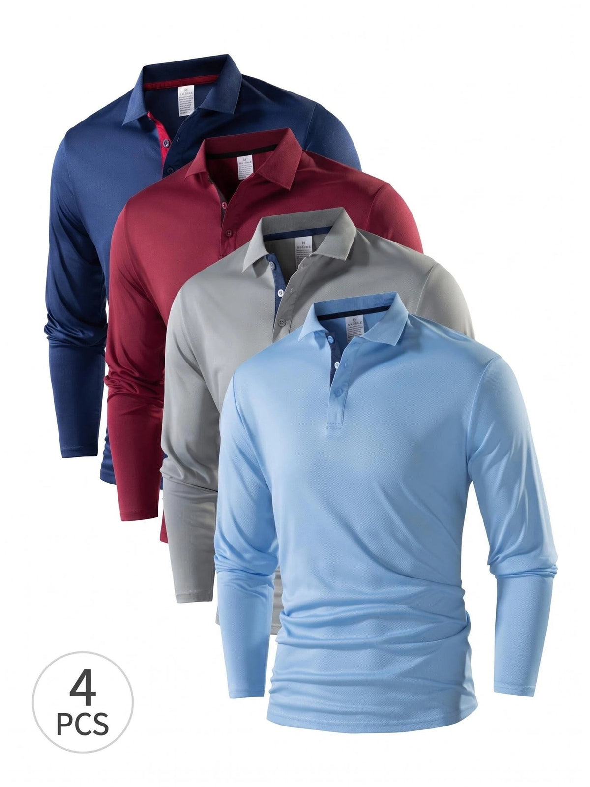 4pcs Set of New Men'S Thin Long-Sleeve Polo Shirts, 100% Fiber Fabric, Multi-Color Available, Classic Color-Block Design, Versatile And Fashionable, Men'S Golf Shirt, Polo Shirt, Polo Collar, T-Shirt, Sportswear, Knit - Blue+Red+Blue+Gray
