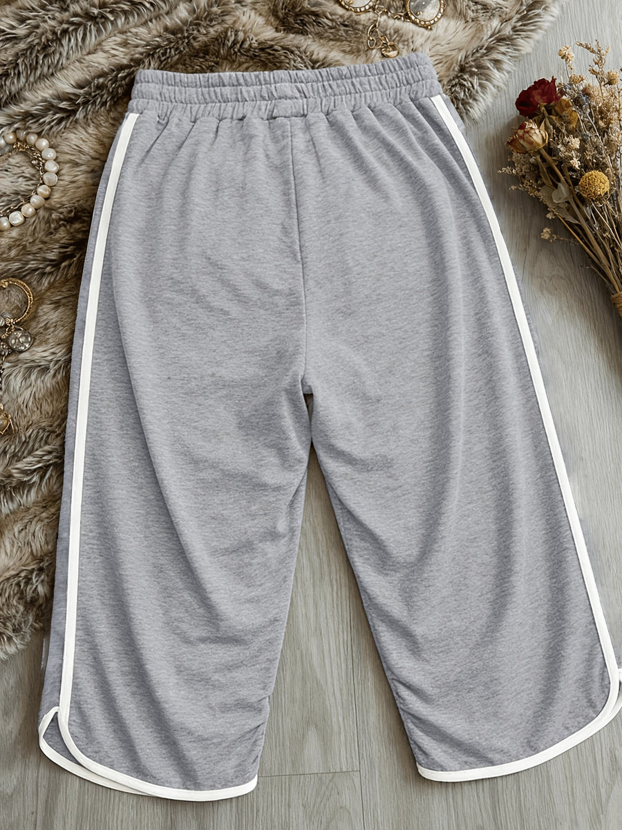 Women'S Pants, Easy Lazy Style American Retro Capri Pants, Elastic Waist Drawstring Design, Loose Contrast Trim Capri Pants, Comfortable Home Casual Trousers - Light Grey