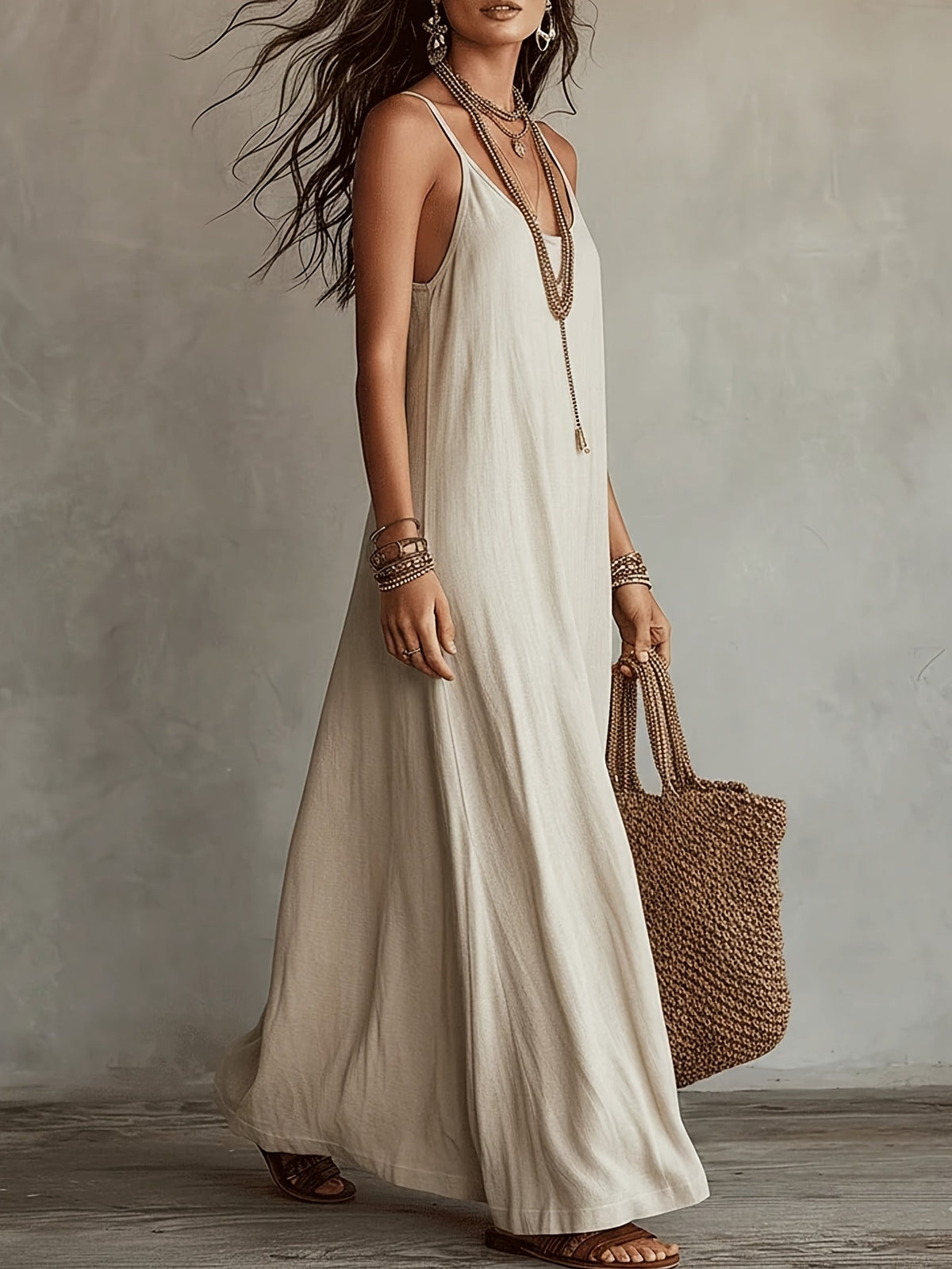 Women'S Spaghetti Strap Maxi Dress, V-Neck Loose Flowing Long Dress, Bohemian Casual Beach Vacation Summer Beach Dress - Off-white
