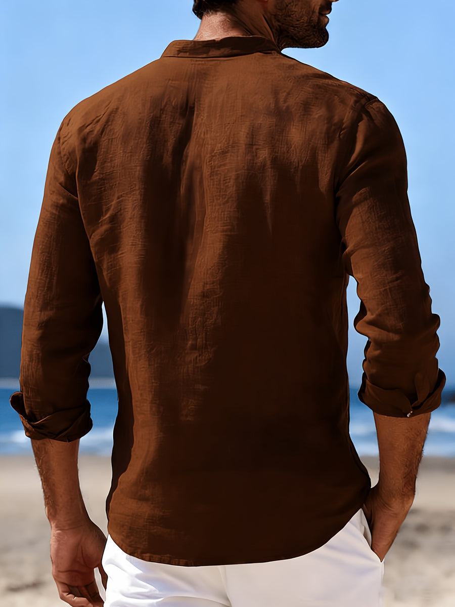 Men'S 100% Casual Collar Button-Up Shirt 3pcs Set, Skin-Friendly, Soft, Breathable Fabric, Island Vacation Style, All-Match Casual Wear, Comfortable Texture, Casual Style for Men, Multiple Colors Available, Great Gift for Boyfriend Or Husband - Coffee Brown + Navy Blue + Khaki