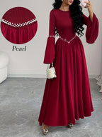 Women'S Elegant Long Sleeve Flared Waist-Cinching A-Line Dress with Pearl Round Neck - Burgundy