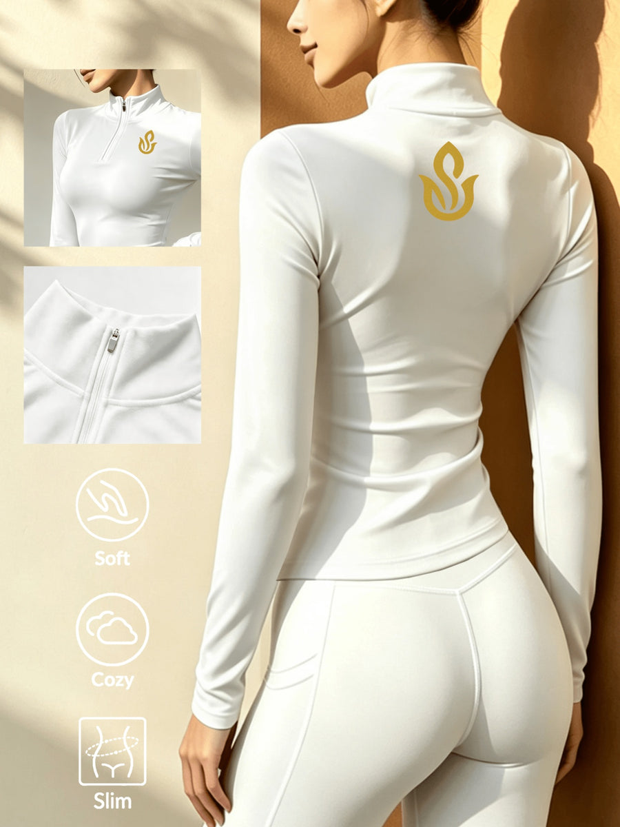 Women's Soft Zip-Up Base Layer Top, Ideal for Cycling,, and Activities During the Cold Autumn and Winter Seasons - White