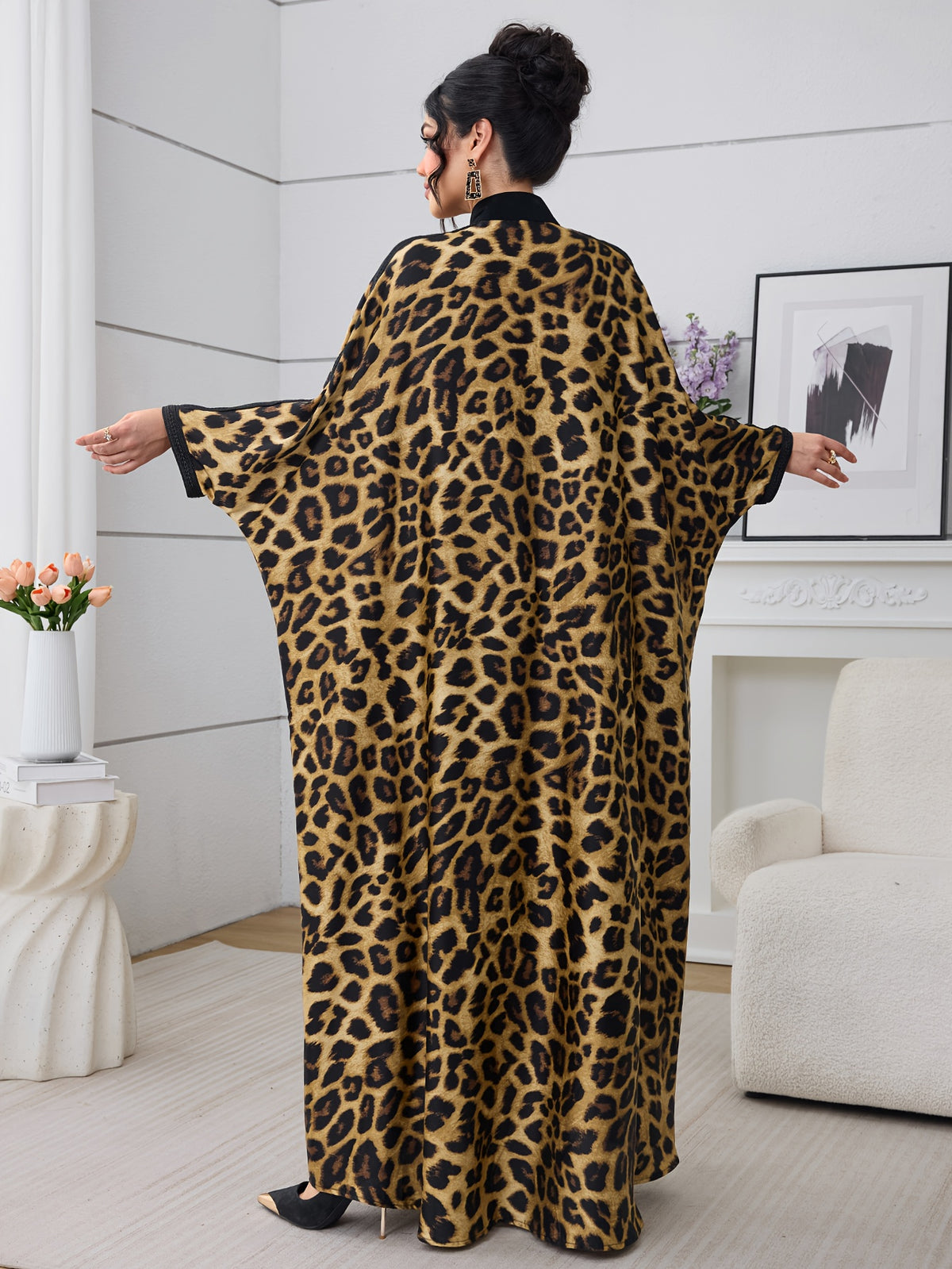 Women'S Loose Leopard Print Casual Daily Party Robe - Black