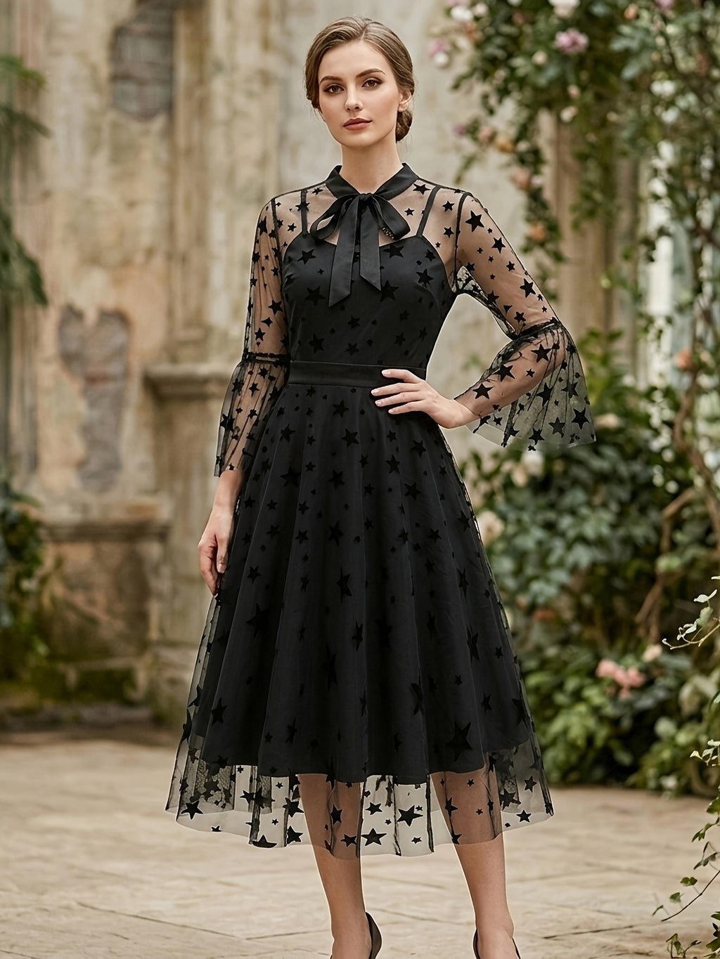 Vintage Mesh Embroidered Patchwork Mid-Sleeve Gothic Dark Evening Gown, for Gatherings, Parties, Dress, Evening Dress, Gown - Black Star