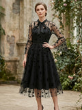 Vintage Mesh Embroidered Patchwork Mid-Sleeve Gothic Dark Evening Gown, for Gatherings, Parties, Dress, Evening Dress, Gown - Black Star