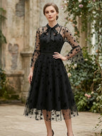 Vintage Mesh Embroidered Patchwork Mid-Sleeve Gothic Dark Evening Gown, for Gatherings, Parties, Dress, Evening Dress, Gown - Black Star