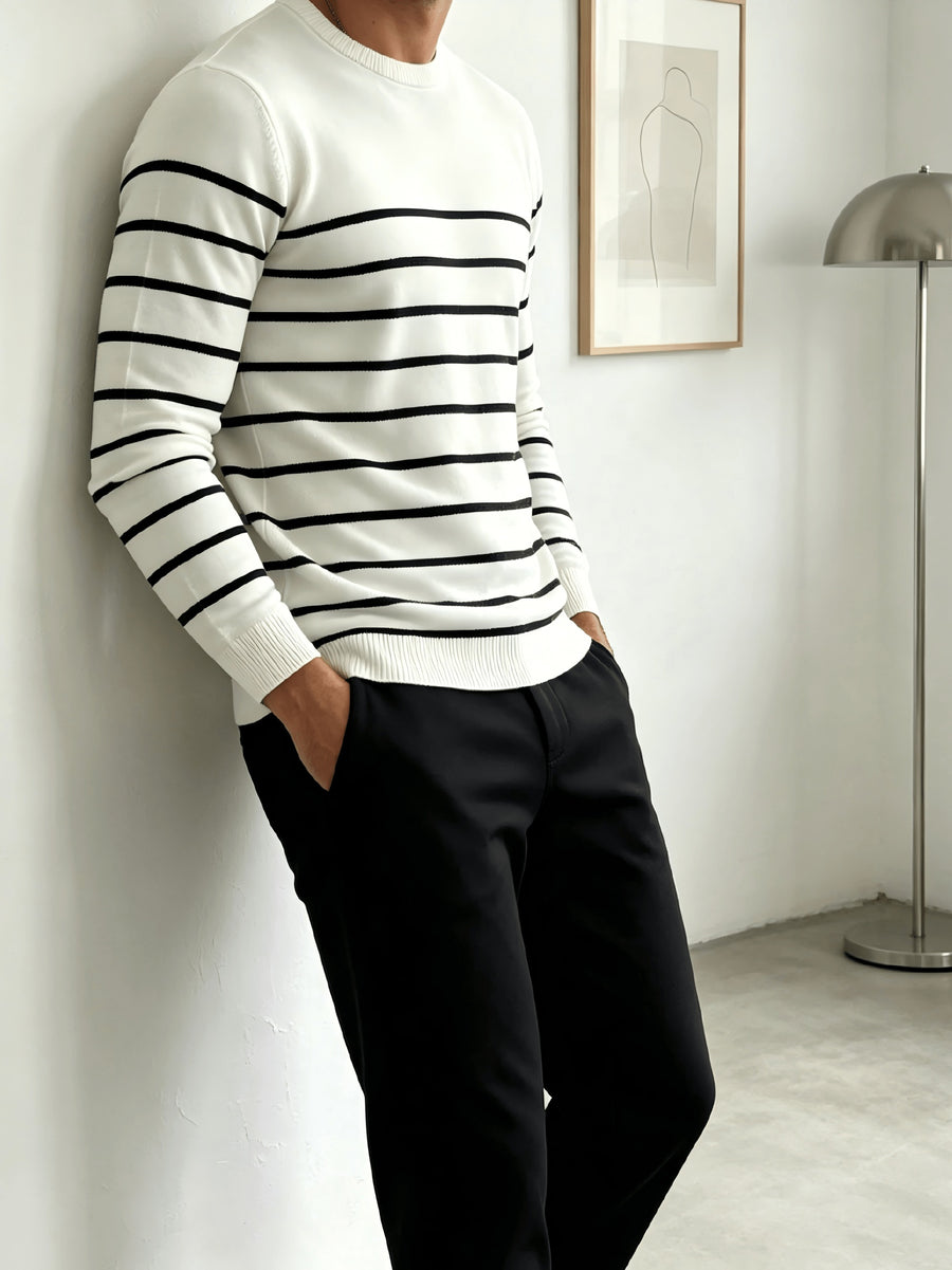 Men's Striped Long-Sleeve Crewneck Sweater, Simple Knitwear for Daily Commuting, Outerwear, Inner Layering, Versatile Style - White
