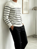 Men's Striped Long-Sleeve Crewneck Sweater, Simple Knitwear for Daily Commuting, Outerwear, Inner Layering, Versatile Style - White