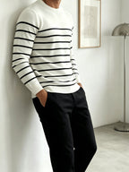 Men's Striped Long-Sleeve Crewneck Sweater, Simple Knitwear for Daily Commuting, Outerwear, Inner Layering, Versatile Style - White