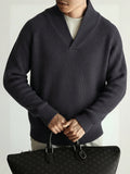 Autumn/Winter Men's Fall Outfit, Back-to-School Apparel, European and American Style Casual Loose Fit Commuting Simple Solid Color Versatile Half-Open Placket Lapel V-Neck Sweater, Long Sleeve Pullover Knit Fabric - Grey