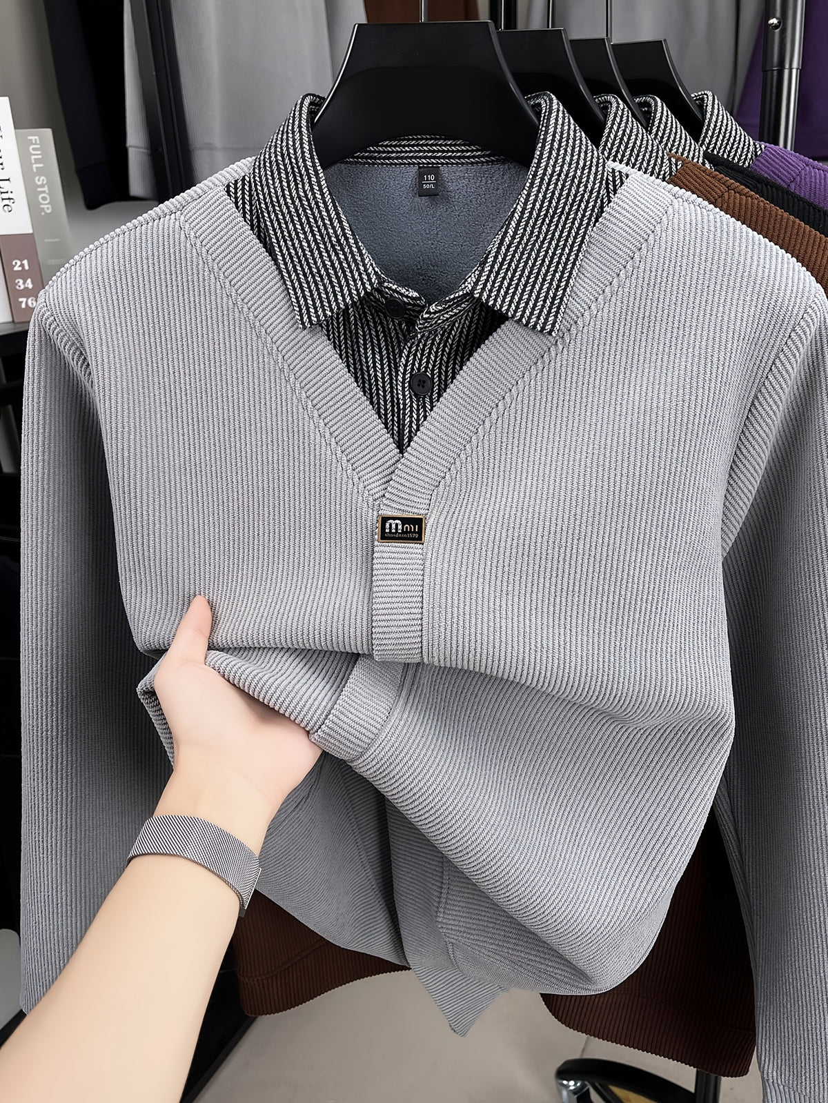 Men's Thick Warm Sweater Suitable for Winter - V-Neck Square Collar Knit Pullover with Color-Blocking Collar, Base Layer Sweater for Layering, Machine Washable Casual Warm Sweaters for Office & Casual Attire (Regular Fit) - Grey